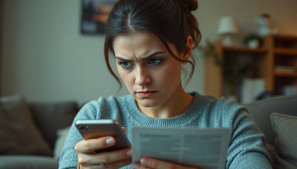 Femme fronce sourcis pas contente qui lis un article sur telephone
