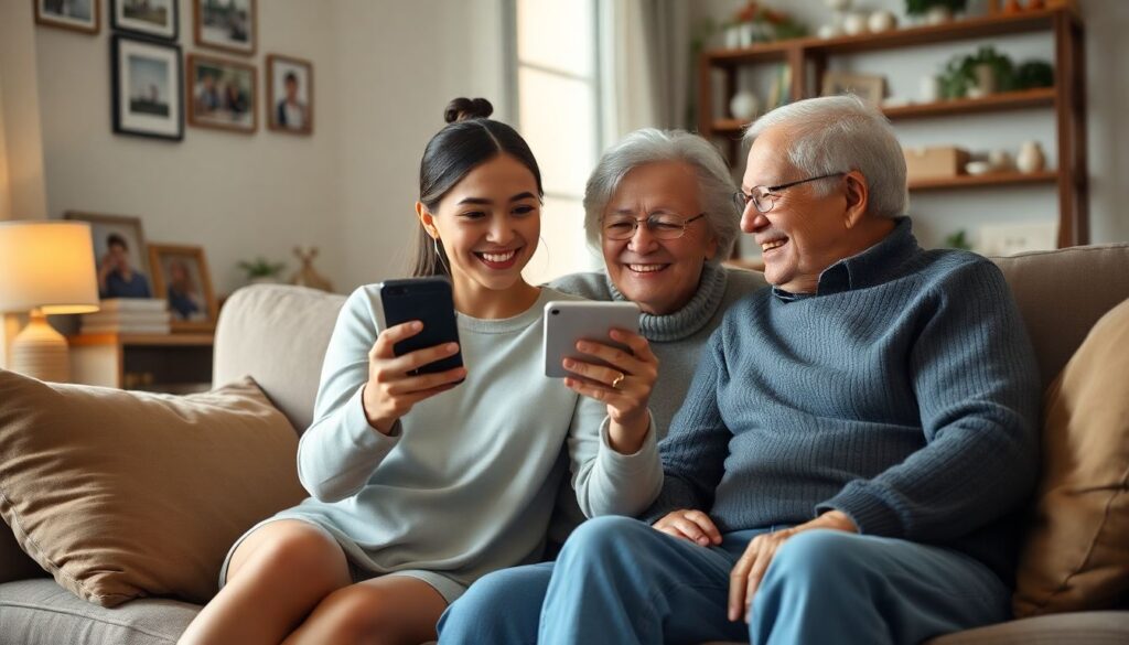 Femme qui montre image sur smartphone au grands parents