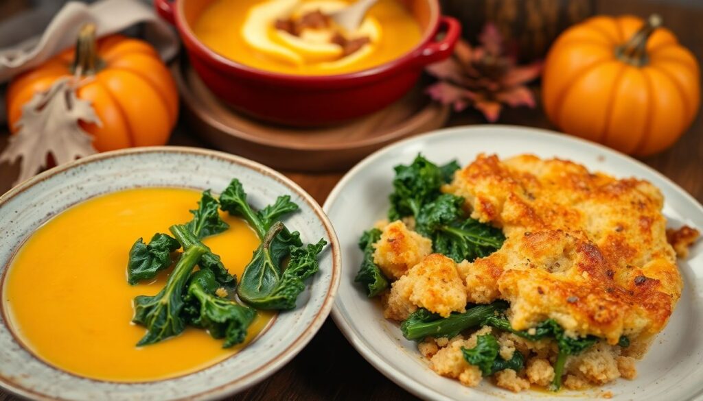 Menu d’automne réconfortant : velouté de potiron, gratin dauphinois au kale et crumble aux pommes Menu d'automne réconfortant : velouté de potiron, gratin dauphinois au kale et crumble aux pommes