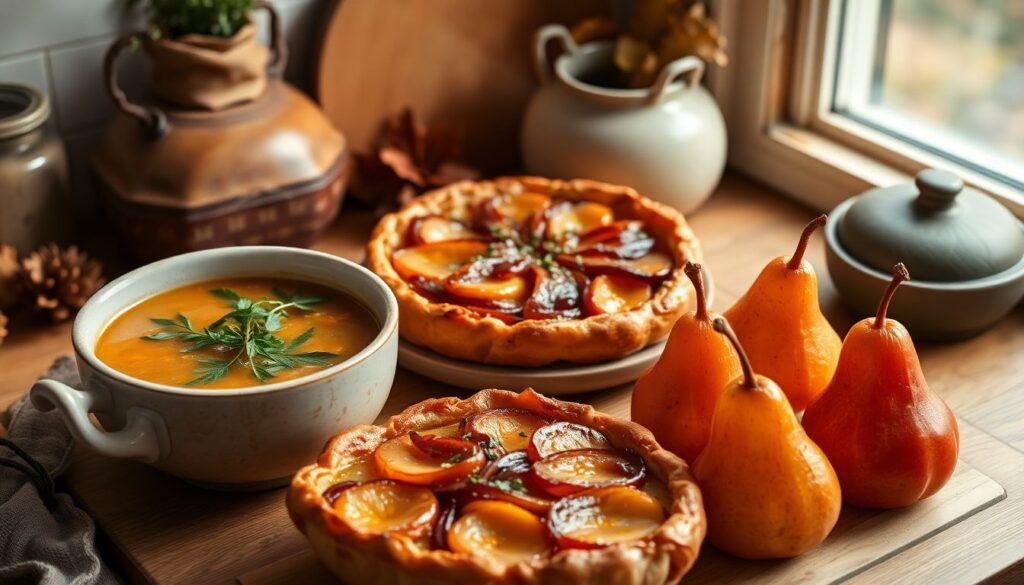 Recettes d’automne : Soupe de légumes, tarte tatin salée et poires pochées Recettes d'automne : Soupe de légumes, tarte tatin salée et poires pochées