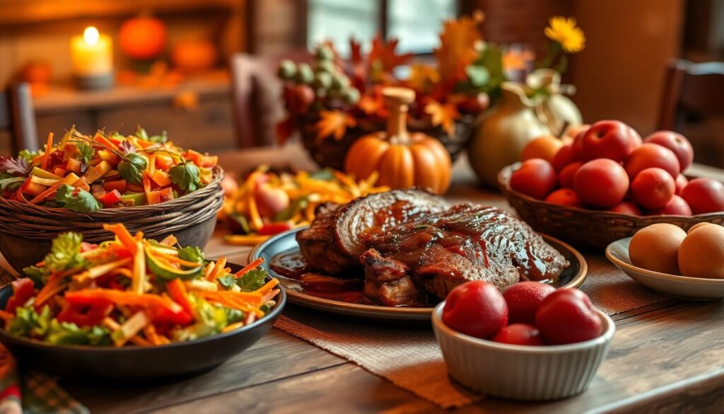 Un menu d’automne gourmand et réconfortant : salade croquante, porc mijoté et dessert fruité Un menu d'automne gourmand et réconfortant : salade croquante, porc mijoté et dessert fruité