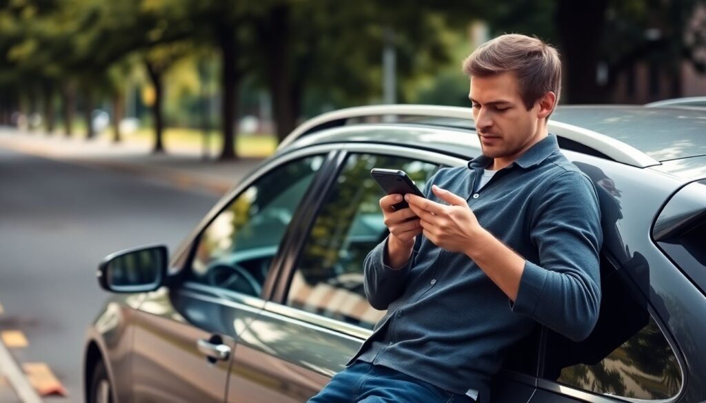 Carte grise : voici tout ce que vous devez savoir ! homme qui lis un article sur telephone a cote de sa voiture